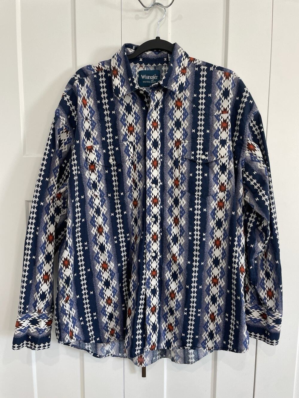 Vintage Wrangler Brushpopper Shirt Mens XL Aztec Tribal Print Western Pearl Snap